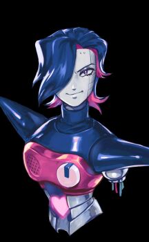 1boy amputee android armless_amputee black_background black_hair bright_pupils cable closed_mouth colored_inner_hair cropped_torso eyeshadow from_above grey_eyeshadow hair_over_one_eye heart highres looking_at_viewer makeup male_focus mettaton mettaton_ex multicolored_hair one_eye_covered pink_eyes pink_hair short_hair sigumado66 simple_background skirt smile solo two-tone_hair undertale utdr_(toby_fox) v-shaped_eyebrows white_pupils