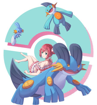 1girl absurdres alternate_hairstyle bikini birthday blush breasts commentary_request gen_3_pokemon green_eyes highres kurosawa_ruby light_smile love_live! love_live!_sunshine!! marshtomp mudkip nintendo orange_eyes pokemon pokemon_(creature) red_hair sidelocks small_breasts swampert swimsuit tsukimi_seiya