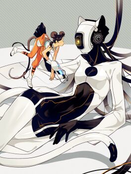 2girls android animal_ears aperture_science_handheld_portal_device cat_ears cat_tail chell fake_animal_ears glados holding kemonomimi_mode low_ponytail mouse_ears mouse_tail multiple_girls orange_pants pants personification ponytail portal_(series) saiko67 size_difference tagme tail