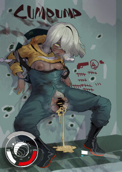 1girl absurdres bar_censor blue_overalls breasts breasts_out censored clothes_lift commentary_request cum cum_in_pussy cumdrip cumdump dark-skinned_female dark_skin dilation_tape ebonyxh eylin_eyla_(ebonyxh) female_pubic_hair highres hood hoodie hoodie_lift nipple_bar nipple_piercing nipples open_overalls original overalls piercing pubic_hair public_use restrained rolling_eyes short_hair small_breasts solo spread_legs starfield tally tape white_hair yellow_eyes yellow_hoodie