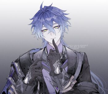 1boy antenna_hair arms_up asafuji_asora black_coat black_gloves blue_hair clothing_cutout coat commentary_request crossed_bangs double-parted_bangs empty_eyes flins_(genshin_impact) genshin_impact glove_cutout gloves gradient_hair grey_hair highres index_finger_raised long_hair looking_at_viewer male_focus multicolored_hair parted_lips sleeve_cuffs smile solo teeth upper_body very_long_hair watermark wing_collar yellow_eyes