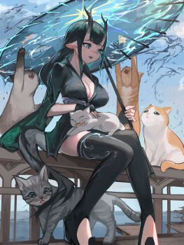 1girl absurdres animal animal_on_lap black_gloves black_thighhighs breasts cat chinese_commentary cleavage commentary day english_commentary fingerless_gloves fish gloves green_eyes green_hair grey_cat highres horns hydrokinesis large_breasts long_hair long_sleeves mixed-language_commentary oil-paper_umbrella on_lap orange_cat original outdoors solo thighhighs umbrella water white_cat wide_sleeves youlan