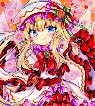 Rule 34 | 1girl, blonde hair, blue eyes, bow, bowtie, brooch, closed mouth, commentary, dress, fairy wings, flower, frilled bow, frilled sleeves, frills, hat, hat bow, jewelry, lily white, long hair, long sleeves, looking at viewer, marker (medium), orange background, petals, pink flower, red bow, red bowtie, red flower, rui (sugar3), smile, solo, touhou, traditional media, upper body, white dress, white hat, wide sleeves, wings