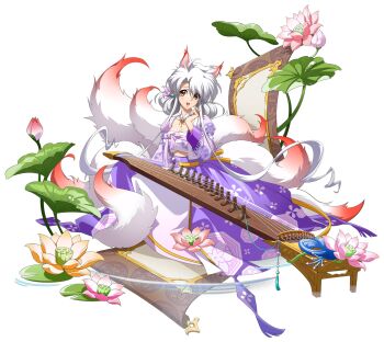 Rule 34 | 1girl, :d, absurdly long sidelocks, animal ears, breasts, chest sarashi, claret (langrisser), cleavage, detached collar, floral print, flower, fox ears, fox girl, fox tail, full body, game cg, gradient tail, guzheng, hair between eyes, hair flower, hair ornament, hair tie, hand over face, happi, highres, instrument, japanese clothes, jewelry, kemonomimi mode, kitsune, kyuubi, langrisser, langrisser mobile, langrisser v, large tail, lily pad, long hair, looking at viewer, lotus, lotus leaf, medium breasts, midriff, multiple tails, music, necklace, official alternate costume, official art, open clothes, open happi, open mouth, orange eyes, parted hair, pink flower, pink ribbon, plant, pond, purple flower, purple shirt, purple skirt, red tail, ribbon, ripples, sarashi, second-party source, shirt, simple background, sitting, skirt, smile, solo, tachi-e, tail, transparent background, water, water lily flower, white tail