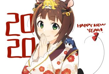 1girl 2020 amami_haruka animal animal_ears animal_on_head animal_on_shoulder animalization ap_bar bell black_bow bow brown_hair chinese_zodiac closed_mouth floral_print floral_print_kimono green_eyes hair_bell hair_bow hair_ornament happy_new_year hoshii_miki idolmaster idolmaster_(classic) japanese_clothes kemonomimi_mode kimono kisaragi_chihaya looking_at_viewer mouse_(animal) mouse_ears mouse_girl mouse_tail multiple_hair_bows new_year nose_bubble on_head own_hands_together praying print_kimono red_bow short_hair simple_background sleeping smile tail tail_bow tail_ornament white_background year_of_the_rat zzz
