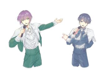 2boys absurdres adapted_costume ascot blue_bow blue_bowtie blue_eyes blue_jacket blue_pants bow bowtie collared_shirt cropped_legs earrings genderswap genderswap_(ftm) green_eyes green_jacket green_pants highres holding holding_microphone jacket jewelry link!_like!_love_live! long_sleeves looking_at_viewer love_live! male_focus microphone multiple_boys murano_sayaka open_clothes open_jacket otomune_kozue pants pleasure_feather_(love_live!) purple_hair shirt short_hair simple_background white_ascot white_background white_shirt zenma_trang