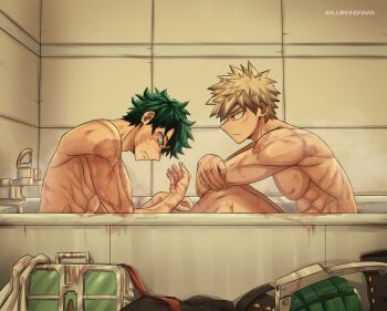 Rule 34 | abs, absurdres, almirondraws, bakugou katsuki, bath, bathing, bathroom, bathub, blonde hair, boku no hero academia, bones (company), comforting, completely nude, crying, curly hair, freckles, green eyes, green hair, highres, indoors, messy hair, midoriya izuku, muscular, nude, pectorals, red eyes, sad, scar, shounen jump, sitting, spiked hair, tears, yaoi