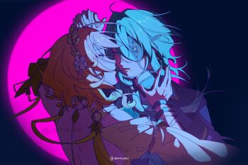 1boy 1girl aglaea_(honkai:_star_rail) anaxa_(honkai:_star_rail) animwho aqua_eyes backless_outfit blonde_hair dim_lighting eyepatch flower gold_trim green_eyes green_hair hair_between_eyes hair_flower hair_ornament hand_grab hand_on_another's_wrist hashtag-only_commentary highres honkai:_star_rail honkai_(series) lipstick looking_at_another makeup red_pupils smeared_lipstick watermark