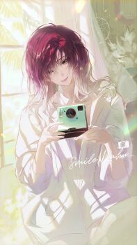 1girl absurdres camera collared_shirt curtains english_text hair_over_one_eye head_tilt highres holding holding_camera indoors long_hair looking_at_viewer luori_dianxin path_to_nowhere polaroid_camera purple_eyes purple_hair shalom_(path_to_nowhere) shirt smile solo three-quarter_sleeves upper_body white_shirt window window_shadow