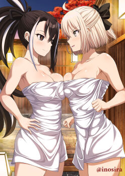 2girls ahoge asymmetrical_docking black_bow black_hair blonde_hair bow breast_press breasts brown_eyes commentary_request fate/grand_order fate_(series) from_side hair_bow hand_on_own_hip inoshira kawakami_gensai_(fate) long_hair looking_at_another medium_breasts multicolored_hair multiple_girls naked_towel night night_sky okita_souji_(fate) onsen ponytail same-sex_bathing shared_bathing sky streaked_hair thighs towel white_hair yellow_eyes