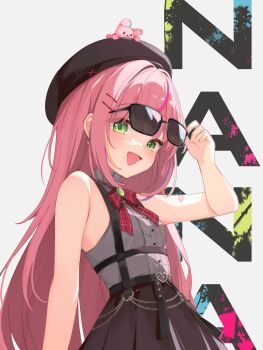 1girl arm_at_side bandaid bandaid_on_arm belt belt_buckle beret black_belt black_hat black_skirt bow bowtie brooch buckle center_frills character_name commentary cowboy_shot frilled_shirt frills green_eyes grey_shirt hair_intakes hair_ornament hairclip hanako_nana hand_up hat heart heart-shaped_buckle henaaaa highres jewelry looking_at_viewer multicolored_hair open_mouth paint_splatter parallel_hairclips peto_(hanako_nana) plaid_bow plaid_bowtie plaid_clothes pleated_skirt red_bow removing_eyewear shirt simple_background skirt sleeveless sleeveless_shirt smile solo standing stellive streaked_hair sunglasses suspender_skirt suspenders symbol-only_commentary virtual_youtuber white_background