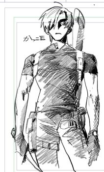 Rule 34 | 1boy, black gloves, black shirt, closed mouth, cownose ray, dagger, gloves, greyscale, gun, gun on back, hair between eyes, hair over one eye, holding, holding knife, knife, leon s. kennedy, male focus, monochrome, pouch, pure to ma, resident evil, shirt, short hair, short sleeves, sketch, solo, thigh pouch, weapon, weapon on back, white background