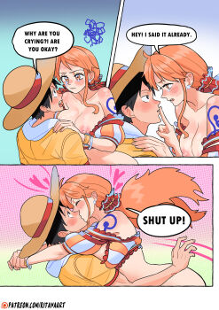 1boy 1girl arms_around_neck bangle bare_shoulders black_hair blush bottomless bracelet breasts clothes_pull commentary earrings english_commentary eyelashes face-to-face finger_to_another's_mouth from_side girl_on_top hair_ornament hair_scrunchie hand_on_another's_shoulder hat heart hetero highres hood hood_down hoodie hug jewelry kiss large_breasts leaning_on_person log_pose long_hair looking_at_another low_twintails monkey_d._luffy motion_lines nami_(one_piece) nipples off-shoulder_shirt off_shoulder one_piece open_clothes open_hoodie open_mouth orange_eyes orange_hair patreon_username pearl_earrings profile red_scrunchie rita_ya scrunchie shirt shirt_pull shoulder_blush shoulder_tattoo single_sidelock speech_bubble squiggle straddling straw_hat tattoo tears twintails upper_body yellow_hoodie