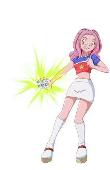 Rule 34 | 1girl, absurdres, commission, digimon, digimon adventure 02, digivice, flashing, glowing, highres, mainkore, mankor, midriff, navel, orange eyes, pink hair, shirt, skirt, solo, star shirt, t-shirt, tachikawa mimi, third-party edit, white skirt