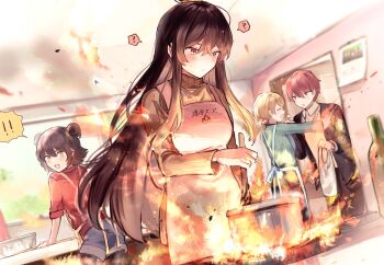 1boy 3girls absurdres apron black_pantyhose blonde_hair blue_shorts blush brown_hair cecil_(project_moon) closed_mouth cooking double_bun fire hair_bun highres indoors ladle library_of_ruina long_hair low_ponytail lowell_(project_moon) medium_hair mei_(project_moon) multiple_girls pantyhose pink_apron ponytail project_moon red_eyes red_hair red_shirt shirt short_hair shorts sidelocks very_long_hair xiao_(project_moon) y_o_u_k_a