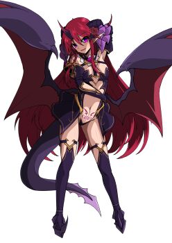 1girl absurdres aoi_tabane arm_behind_head breasts commission corruption dark_persona demon_girl demon_horns demon_tail demon_wings detached_collar dragon_tail dragon_wings elbow_gloves flower full_body gloves hair_between_eyes hair_ornament hair_ribbon heart heart_tattoo highres horns kouyoku_senki_exs-tia loli long_hair looking_at_viewer luxtia navel open_mouth pixiv_commission pointy_ears pubic_tattoo purple_eyes red_hair revealing_clothes ribbon showgirl_skirt simple_background small_breasts smile solo spread_wings tail tattoo thighhighs transparent_background variant_set very_long_hair wings