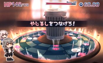 2girls arrow_(symbol) black_boots black_skirt blue_eyes boots chibi chibi_only coat commentary fake_screenshot gradient_eyes grey_hair highres honkai:_star_rail honkai_(series) march_7th_(honkai:_star_rail) march_7th_(preservation)_(honkai:_star_rail) mario_(series) multicolored_eyes multiple_girls nintendo open_clothes open_coat paper_mario paper_mario:_the_origami_king parody pink_eyes pink_hair shirt skirt stelle_(honkai:_star_rail) trailblazer_(honkai:_star_rail) translation_request trash_can white_shirt yellow_eyes yukitake_(bullfalk)