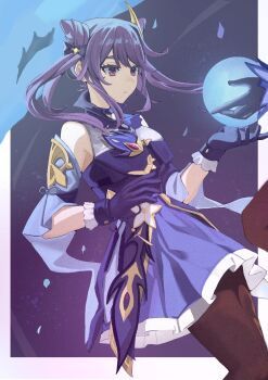 2girls :o bare_shoulders black_gloves border brown_pantyhose commentary_request double_bun dress floating_hair genshin_impact gloves hair_bun keqing_(genshin_impact) long_hair mona_(genshin_impact) multiple_girls outside_border pantyhose purple_dress purple_eyes purple_gloves purple_hair simple_background twintails user_agra8553 white_border