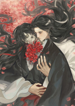 2boys absurdres black_hair black_hanfu blood bloody_tears chinese_clothes closed_eyes closed_mouth diaomaoxiaoheidaoliangquanban field flower flower_field hair_down hair_ribbon hair_spread_out half_updo hanfu headband highres hug hug_from_behind implied_yaoi lan_wangji long_hair long_sleeves looking_at_another lying male_focus modao_zushi multiple_boys official_alternate_hairstyle on_back petals red_flower red_petals red_ribbon red_sash ribbon robe sash skeleton skull spider_lily upper_body very_long_hair wei_wuxian wei_wuxian_(yiling_laozu) white_hanfu white_headband wide_sleeves