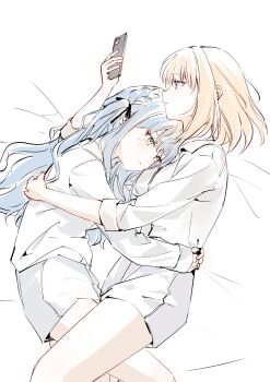 2girls absurdres bang_dream! bang_dream!_it&#039;s_mygo!!!!! blonde_hair blue_hair blush chinese_commentary closed_mouth commentary_request grey_shorts highres hug long_hair lying medium_hair misumi_uika multiple_girls purple_eyes sen_jin_chen shirt short_hair shorts sidelocks three-quarter_sleeves togawa_sakiko white_shirt yellow_eyes yuri