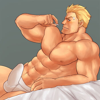 1boy abs bandaid bandaid_on_face bara bare_pectorals beard_stubble biceps blonde_hair blush bulge cid_highwind cigarette commentary_request covered_testicles erection erection_under_clothes facial_hair final_fantasy final_fantasy_vii holding holding_cigarette lying magnum_feering male_focus male_underwear muscular muscular_male navel nipples on_bed on_side pectorals stubble swept_bangs underwear white_male_underwear