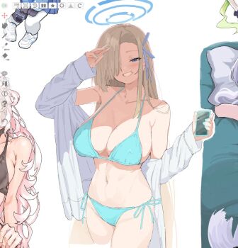 1girl art_program_in_frame asuna_(blue_archive) bikini blonde_hair blue_archive blue_bikini blue_eyes breasts collarbone grin hair_over_one_eye halo hand_up holding holding_phone large_breasts looking_at_viewer nail_polish navel okimiyage_(oitekuze_kore) phone shirt side-tie_bikini_bottom simple_background smile solo_focus stomach swimsuit white_background white_shirt