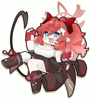 1girl :d armband black_boots black_jacket black_skirt blue_archive blue_eyes blush_stickers boots breasts cleavage clothes_around_waist demon_girl demon_horns demon_tail fang fold-over_boots full_body gloves hair_between_eyes halo horns jacket jacket_around_waist knees_together_feet_apart large_breasts long_hair looking_at_viewer megu_(blue_archive) miranofuudoria open_mouth pleated_skirt pointy_ears ponytail red_gloves red_hair simple_background single_thighhigh skirt smile solo tail thick_eyebrows thighhighs thighhighs_under_boots very_long_hair white_background white_thighhighs