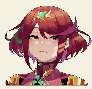 1girl bad_id bad_twitter_id biting_own_lip chest_jewel highres nintendo nyantcha pale_skin portrait pyra_(xenoblade) red_eyes red_hair short_hair swept_bangs tiara xenoblade_chronicles_(series) xenoblade_chronicles_2