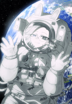 1boy animal_ears aotsuki_eito astronaut chinese_commentary commentary_request fake_animal_ears fusang0499 glasses grey_hair helmet highres looking_at_viewer male_focus planet purple_eyes rabbit_ears short_hair single_mechanical_eye smile solo space space_helmet spacesuit the_hundred_line_-last_defense_academy- zero_gravity