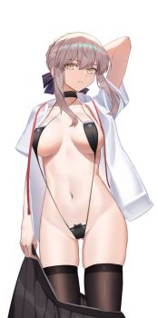 1girl absurdres artoria_pendragon_(fate) black_skirt black_slingshot_swimsuit black_thighhighs breasts chinese_commentary cleavage commentary fate/grand_order fate_(series) grey_hair highres kaworu13 looking_at_viewer medium_breasts medium_hair navel open_clothes saber_alter shirt short_sleeves sidelocks skirt slingshot_swimsuit solo swimsuit thighhighs thighs white_shirt yellow_eyes