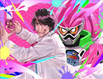 Rule 34 | 1boy, armor, bodysuit, brown eyes, brown hair, coat, commentary, henshin pose, highres, houjou emu, kamen rider, kamen rider ex-aid, kamen rider ex-aid (series), lab coat, male focus, necktie, pink bodysuit, pink hair, pink theme, power armor, red necktie, rider gashat, sasakura34, white coat