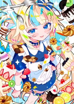 1girl :3 :d absurdres alternate_costume animal_ear_fluff animal_ears apron blonde_hair blue_bow blue_choker blue_dress blue_eyes blue_hair blunt_bangs blush_stickers bow cat_ears choker commentary cupcake dress enmaided fangs feet_out_of_frame fins fish_girl fish_tail food food-themed_hair_ornament fork frilled_apron frilled_dress frills fruit hair_bow hair_ornament highres ichijo_rei indie_virtual_youtuber kiwi_(fruit) kiwi_slice lemon_hair_ornament long_hair looking_at_viewer maid multicolored_hair o-ring o-ring_choker o-ring_thigh_strap open_mouth sameko_saba short_sleeves smile solo spiked_choker spikes spoon standing striped_bow tail thigh_strap two-tone_hair virtual_youtuber white_apron wrist_cuffs