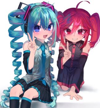 2girls ahoge alternate_hairstyle black_shirt black_skirt blue_eyes blue_hair blue_necktie breast_pocket breasts collared_shirt commentary_request detached_sleeves drill_hair drill_ponytail frilled_shirt_collar frills grey_shirt hair_between_eyes hairstyle_switch hatsune_miku headset highres hiratsuki0523 kasane_teto kasane_teto_(utau) long_hair looking_at_viewer medium_breasts medium_hair miniskirt multiple_girls necktie number_tattoo open_mouth pleated_skirt pocket red_eyes red_hair shirt short_twintails simple_background sitting skirt sleeveless sleeveless_shirt tattoo teeth twintails utau v vocaloid white_background