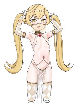 1girl absurdres armpits arms_up belly_chain blonde_hair blush bracelet breasts cinn_angl criss-cross_halter cropped_legs ear_piercing elbow_gloves fang gloves hair_flaps halterneck happy harem_outfit highres holding holding_own_hair jewelry long_hair makeup monogatari_(series) mouth_veil navel_piercing open_mouth oshino_shinobu pelvic_curtain piercing pinky_out pointy_ears revealing_clothes see-through_clothes small_breasts solo standing thighhighs twintails veil very_long_hair white_background yellow_eyes