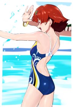 1girl arms_up ass bracelet butterfly_hair_ornament closed_eyes competition_swimsuit cowboy_shot day from_behind hair_ornament highres idolmaster idolmaster_million_live! idolmaster_million_live!_theater_days jewelry nonohara_akane official_alternate_costume one-piece_swimsuit open_mouth outdoors poolside racerback red_eyes solo standing swimsuit wave_makers!_(idolmaster) yabukara