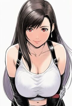 1girl bare_shoulders breasts cleavage closed_mouth collarbone crop_top elbow_gloves female_focus final_fantasy final_fantasy_vii gloves highres jei_games large_breasts long_hair looking_at_viewer midriff navel red_eyes smile solo square_enix tank_top tifa_lockhart white_tank_top