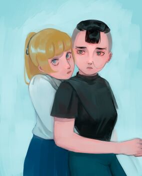 2girls animification black_hair blonde_hair blue_background blunt_bangs closed_mouth ear_piercing earrings eyebrow_piercing face_piercing highres jewelry kim_latchkey lips long_sleeves moral_orel multiple_girls nid_log nose_piercing nose_ring nostril_piercing painterly piercing ponytail septum_piercing shirt skirt stephanie_foamwire-putty undercut yuri