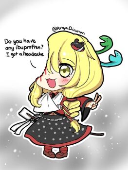 Rule 34 | 1girl, :3, alternate color, alternate hair color, arm sling, black skirt, blonde hair, blood, blush, braid, broken arm, chibi, collared shirt, detached sleeves, diamon arga, do you have any ibuprofen (meme), dot nose, english text, frog hair ornament, gohei, gradient background, hair ornament, hair tubes, happy, holding, holding gohei, kochiya sanae, long hair, long sleeves, major injury underreaction, meme, navel, open mouth, patterned clothing, print skirt, red shirt, shirt, single hair tube, single sidelock, skirt, skirt set, sleeveless, sleeveless shirt, snake hair ornament, solo, touhou, touhou lostword, twitter username, v, wide sleeves, yellow eyes