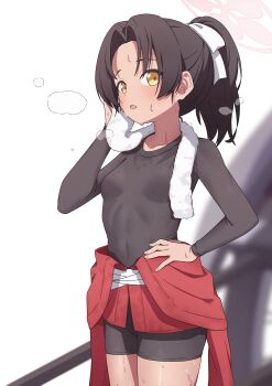 1girl absurdres bike_shorts black_hair blue_archive breasts commentary cowboy_shot curtained_hair fuhao10708 hand_on_own_hip highres long_sleeves looking_at_viewer parted_lips ponytail rickshaw_student_(blue_archive) short_hair sideways_glance small_breasts solo sweat symbol-only_commentary towel towel_around_neck wiping_sweat yellow_eyes