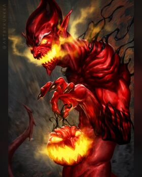 1boy bald bodysuit colored_sclera comic_cover commentary demon_boy english_commentary highres jack-o'-lantern kunkka looking_at_viewer looking_to_the_side male_focus marvel monster_boy muscular muscular_male norman_osborn official_art pointy_ears red_bodysuit red_goblin_(marvel) red_tail sharp_teeth slit_pupils solo spider-man_(series) superhero_costume symbiote teeth twitter_username upper_body yellow_sclera