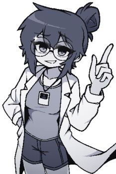 1girl commission commissioner_upload dutch_angle hair_bun highres id_card lab_coat looking_at_viewer monochrome morgan_(teuthidan) original pixelated pointing pointing_up round_eyewear short_hair single_hair_bun smile twinkle_eye wannabepyx