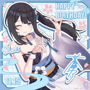 1girl aoi_noa birthday black_hair breasts choker collarbone commentary_request copyright_notice double_fox_shadow_puppet floral_print floral_print_kimono flower fox_shadow_puppet grey_eyes hair_ornament happy_birthday japanese_clothes kimono large_breasts long_hair long_sleeves looking_at_viewer obi official_art open_mouth pole_princess!! print_kimono sash side_ponytail signature single_bare_shoulder smile solo upper_body white_kimono wide_sleeves