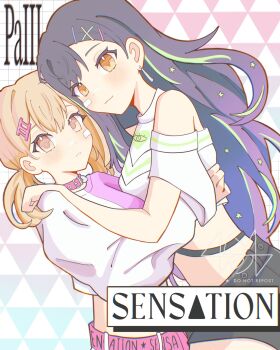 2girls aryorl azusawa_kohane bandaid bandaid_on_face black_hair black_shorts blonde_hair closed_mouth clothing_cutout collar commentary english_commentary green_streaks hair_ornament highres long_hair looking_at_viewer midriff multiple_girls parted_lips pink_collar pink_shirt project_sekai shiraishi_an shirt shorts shoulder_cutout smile star_(symbol) star_hair_ornament twintails white_shirt yellow_eyes yuri