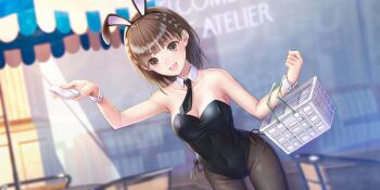 1girl animal_ear_hairband animal_ears bare_shoulders basket black_leotard black_necktie blue_reflection_(series) blue_reflection_sun blunt_ends blurry blurry_background braid breasts brown_eyes brown_hair cafe chair cleavage collarbone covered_navel detached_collar dutch_angle fake_animal_ears game_cg hairband highres holding holding_basket hoshiya_kanna kishida_mel large_breasts leotard looking_at_viewer medium_hair necktie non-web_source official_art open_mouth outdoors playboy_bunny rabbit_ear_hairband rabbit_ears shopping_basket short_necktie smile solo storefront teeth twin_braids upper_teeth_only white_wrist_cuffs wrist_cuffs