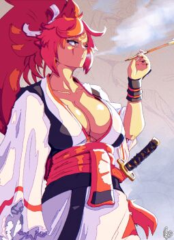 amputee artbenbeau baiken big_hair black_kimono breasts eyepatch facial_tattoo guilty_gear guilty_gear_strive guilty_gear_xrd guilty_gear_xx highres japanese_clothes katana kimono large_breasts multicolored_kimono one-eyed open_clothes open_kimono samurai scar scar_across_eye scar_on_face sword tattoo torn_sleeve weapon