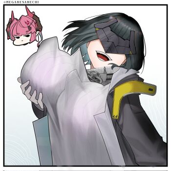 Rule 34 | 2girls, anger vein, aqua hair, arknights, arknights: endfield, black border, black coat, black hair, black mask, border, chibi, chibi inset, coat, commentary, endministrator (arknights), english commentary, female endministrator (arknights), glasses, grey sweater, highres, horns, long sleeves, meganesanechi, meme, multicolored hair, multicolored horns, multiple girls, open clothes, open coat, open mouth, originium slug (arknights), pink hair, ribbed sweater, simple background, streaked hair, sweater, turtleneck, turtleneck sweater, twitter username, two-tone hair, two-tone horns, white background, yumeko grabbing her own boob (meme), yvonne (arknights)
