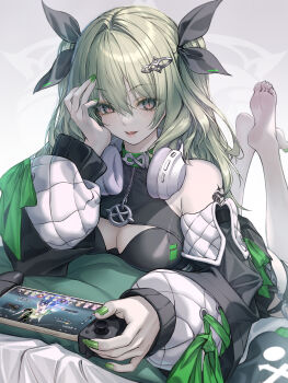 Rule 34 | 1girl, bare legs, bare shoulders, barefoot, black bow, black jacket, black shirt, bow, breasts, cleavage, cleavage cutout, clothing cutout, commentary, controller, feet, game controller, game screenshot inset, green nails, hair between eyes, hair bow, hand on own head, head rest, headphones, headphones around neck, highres, holding, holding controller, holding game controller, honkai (series), honkai impact 3rd, jacket, large breasts, long hair, lying, mobius (daughter of corals) (honkai impact), mobius (honkai impact), mobius (razer) (honkai impact), multiple hair bows, nail polish, neon (pixiv 31150749), official alternate costume, on stomach, shirt, shoulder tattoo, sleeveless, sleeveless shirt, slit pupils, smile, soles, solo, tattoo, the pose, thigh strap, toes