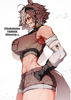 1girl animal_ears artist_name bluecup breast_pocket breasts brown_hair cowboy_shot grin hand_in_pocket highres horse_ears horse_girl horse_tail indie_virtual_youtuber large_breasts multicolored_hair muscular muscular_female pocket profile short_hair simple_background smile solo tail tomoe_umari twitter_username two-tone_hair v-shaped_eyebrows virtual_youtuber white_background white_hair