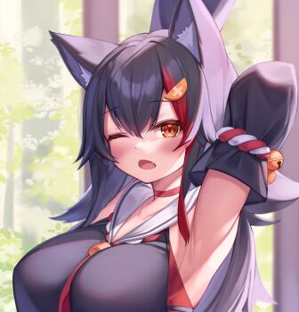 1girl animal_ear_fluff animal_ears arm_behind_head armpits arms_up between_breasts black_hair blush breasts commentary_request crop_top deaver fang hair_ornament highres hololive large_breasts long_hair looking_at_viewer multicolored_hair necktie necktie_between_breasts one_eye_closed ookami_mio ookami_mio_(1st_costume) red_eyes red_hair sailor_collar short_necktie solo streaked_hair upper_body virtual_youtuber wolf_ears wolf_girl
