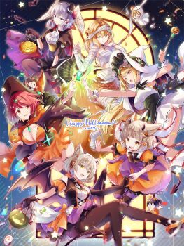 3boys 6+girls animal_ear_fluff animal_ears blonde_hair breasts bucket candy cat_ears chest_jewel cleavage core_crystal_(xenoblade) fiora_(xenoblade) food ghost_costume grey_hair halloween halloween_bucket halloween_costume happy_halloween hat head_wings highres holding holding_bucket jack-o&#039;-lantern large_breasts long_hair mini_person miniboy mio_(xenoblade) multiple_boys multiple_girls mummy_costume mythra_(xenoblade) nia_(xenoblade) noah_(xenoblade) pumpkin pyra_(xenoblade) rex_(xenoblade) short_hair shulk_(xenoblade) ui_frara wings witch witch_hat xenoblade_chronicles_(series) xenoblade_chronicles_1 xenoblade_chronicles_2 xenoblade_chronicles_3 yellow_eyes